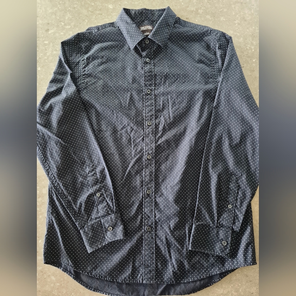 Michael Kors Mens Dress Shirt Sz L Long Sleeve Polka Dot Black Tailored Fit